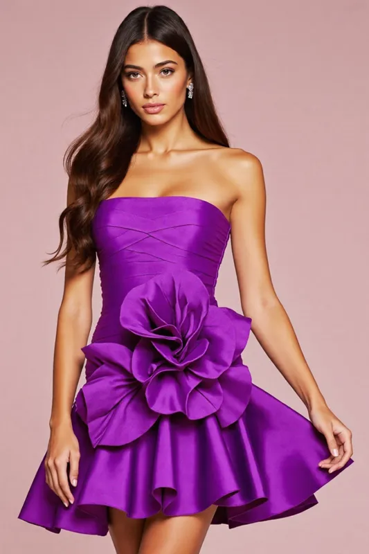A Line Strapless Ruffled Dark Purple Homecoming Dress With 3D Flower sold by Zapaka