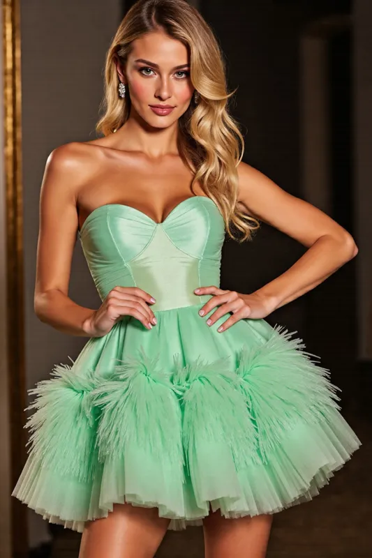 Green Strapless A Line Homecoming Dress with Feathers sold by Zapaka