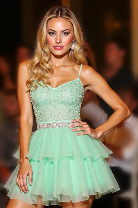 Sparkly Green Tiered Tulle Short Homecoming Dress with Ruffles sold by Zapaka