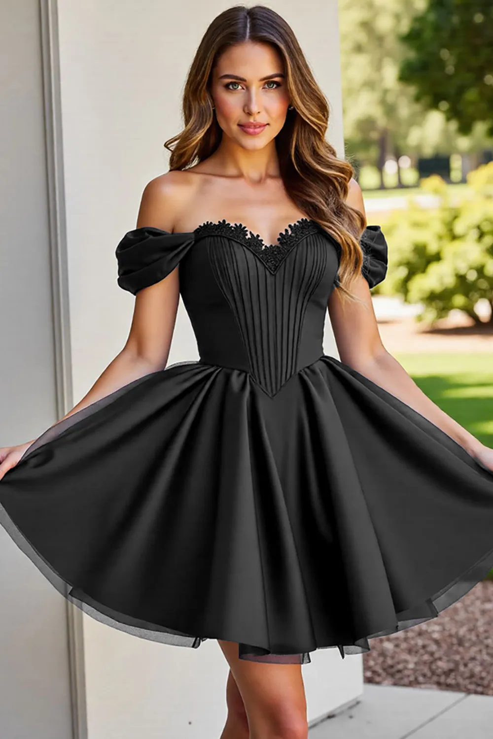 Black A Line Ruched Short Homecoming Dress with Appliques sold by Zapaka