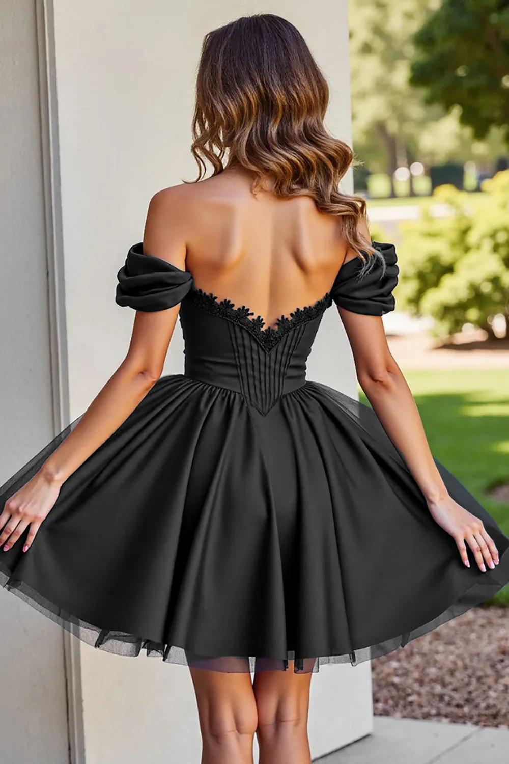 Black A Line Ruched Short Homecoming Dress with Appliques sold by Zapaka product image thumbnail 2