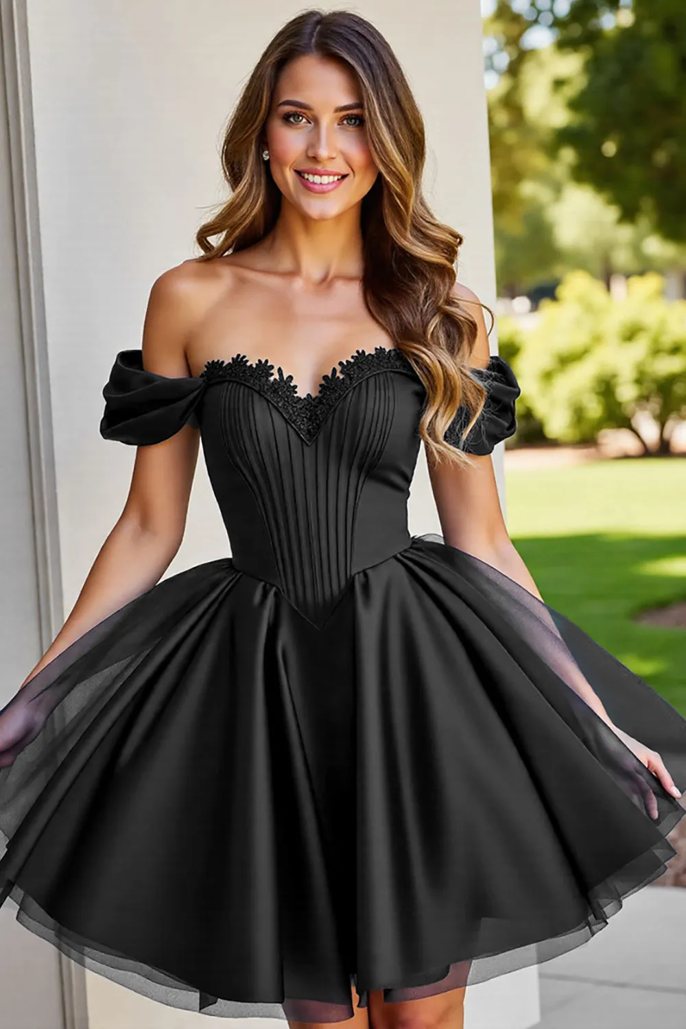 Black A Line Ruched Short Homecoming Dress with Appliques sold by Zapaka product image thumbnail 3