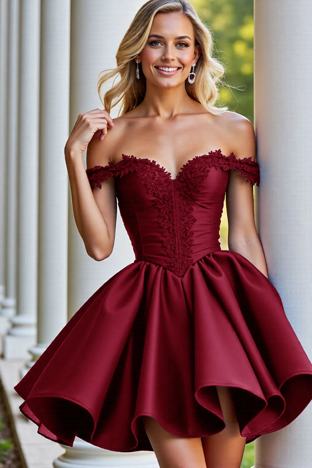Burgundy Satin A Line Short Homecoming Dress with Appliques sold by Zapaka