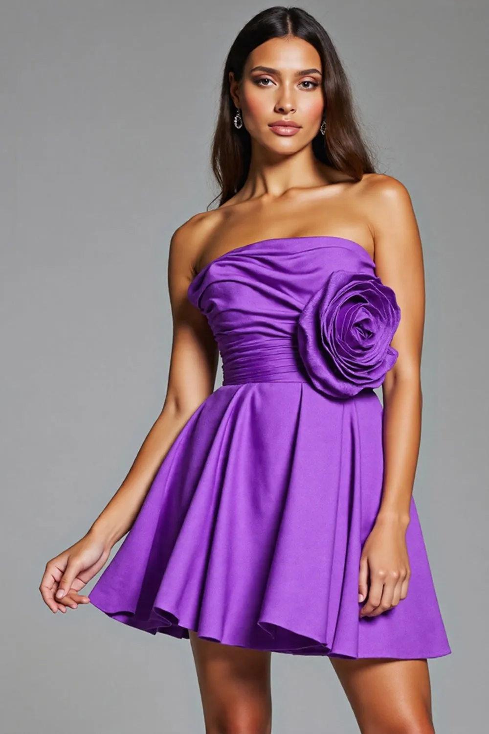 Strapless A Line Purple Homecoming Dress with 3D Flowers sold by Zapaka