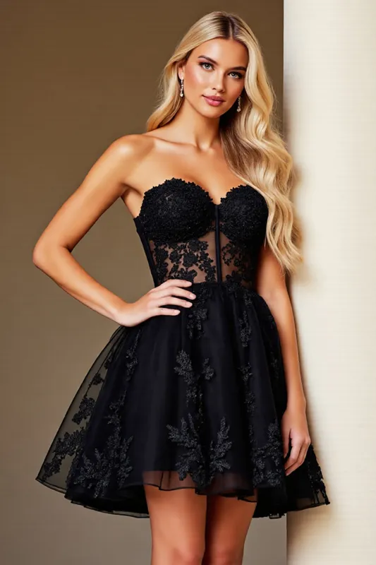 A Line Black Appliqued Sweetheart Homecoming Dress sold by Zapaka