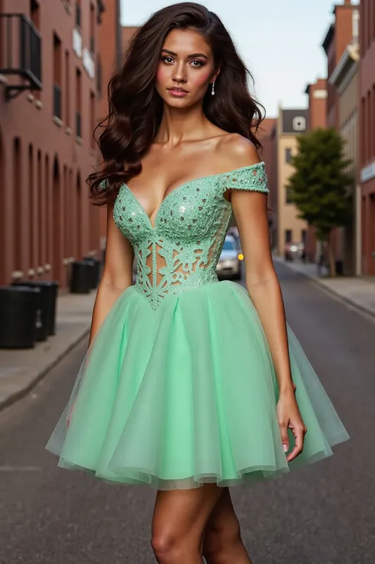 Tulle Light Green A Line Short Homecoming Dress with Appliques sold by Zapaka