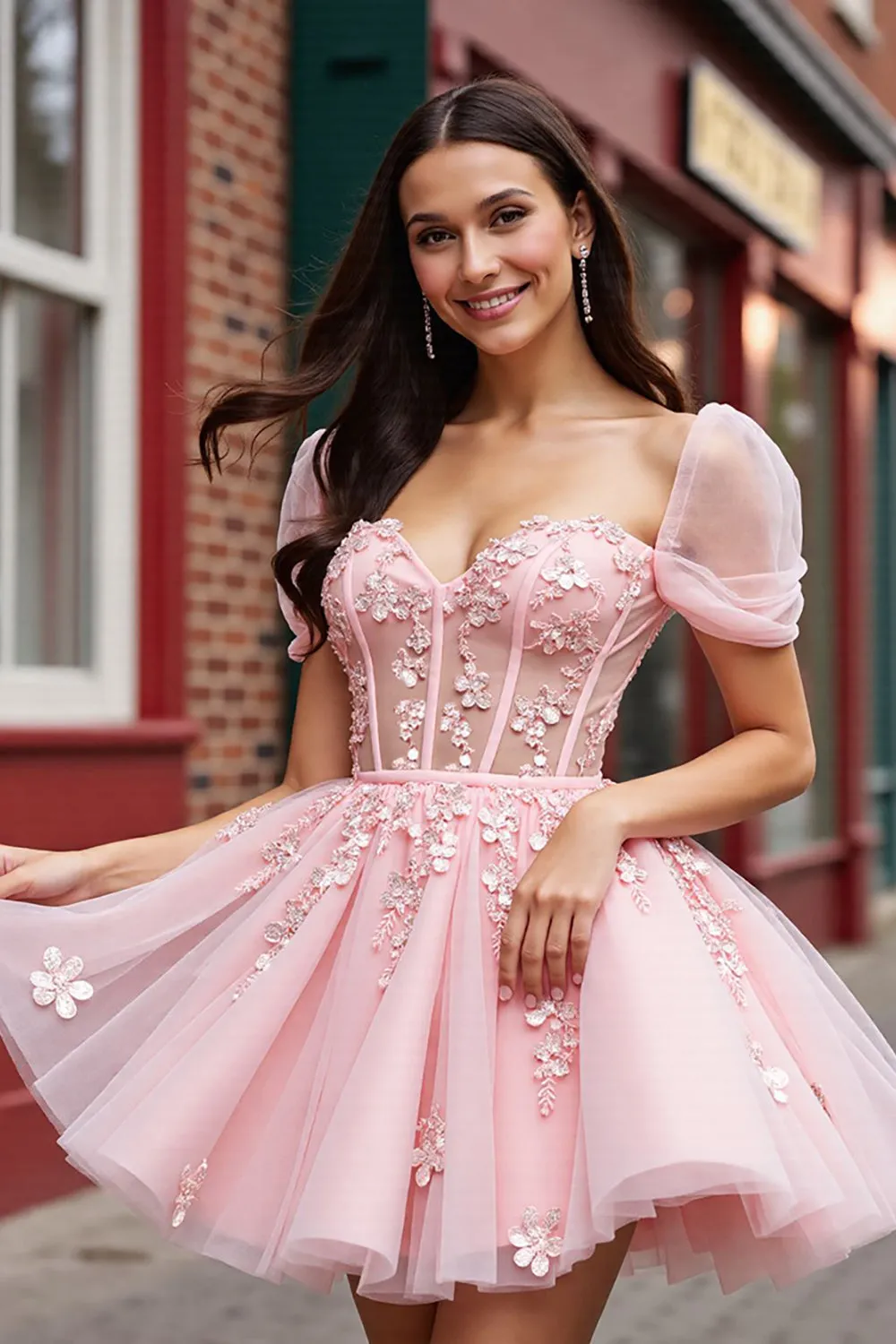Blush Floral Tulle Corset Short Homecoming Dress with Sleeves sold by Zapaka
