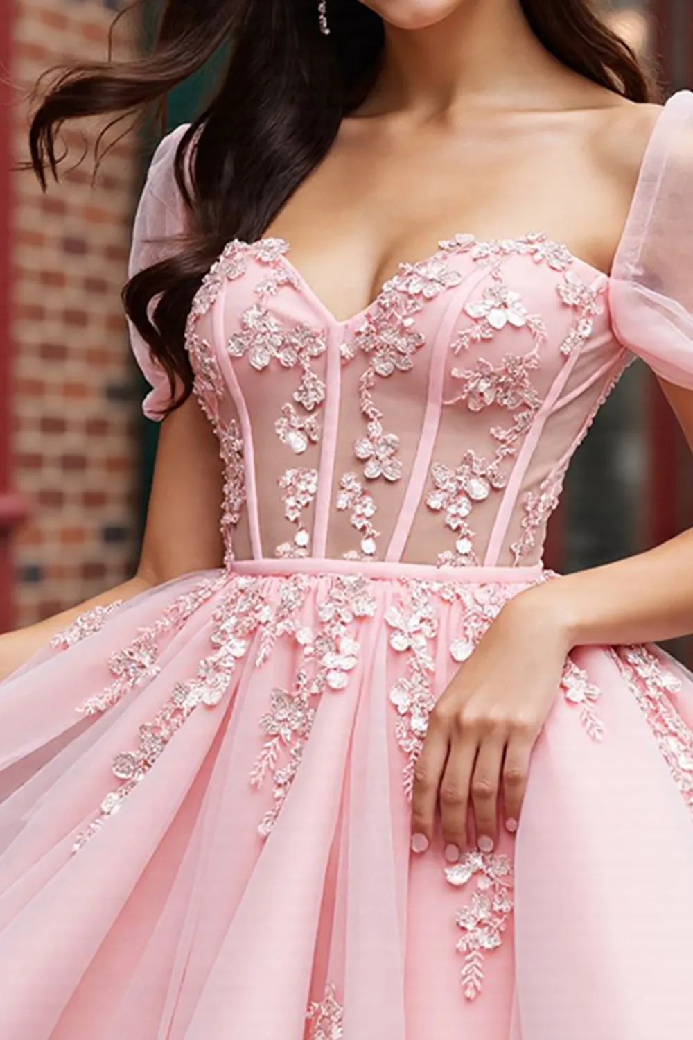 Blush Floral Tulle Corset Short Homecoming Dress with Sleeves sold by Zapaka product image thumbnail 2