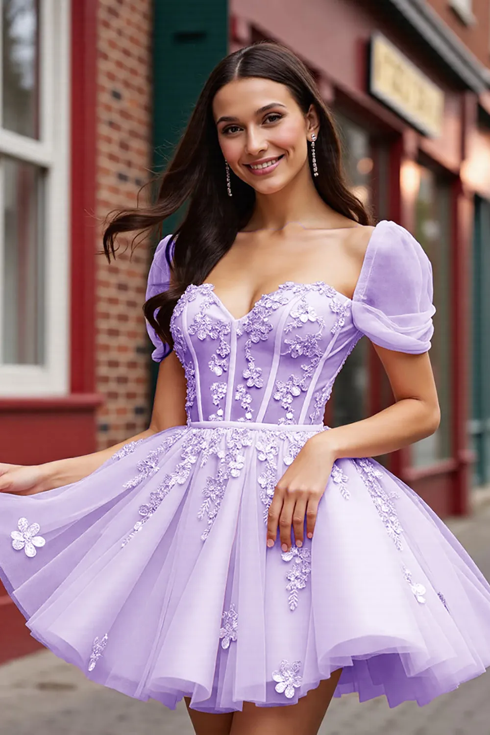 Blush Floral Tulle Corset Short Homecoming Dress with Sleeves sold by Zapaka product image thumbnail 3
