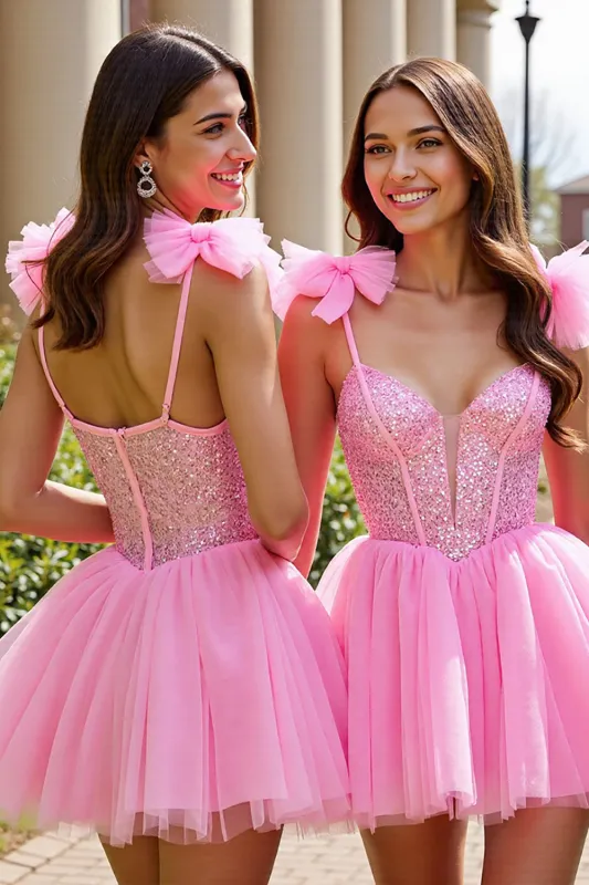 Sparkly Pink Sequin Corset Short Homecoming Dress with Bows sold by Zapaka