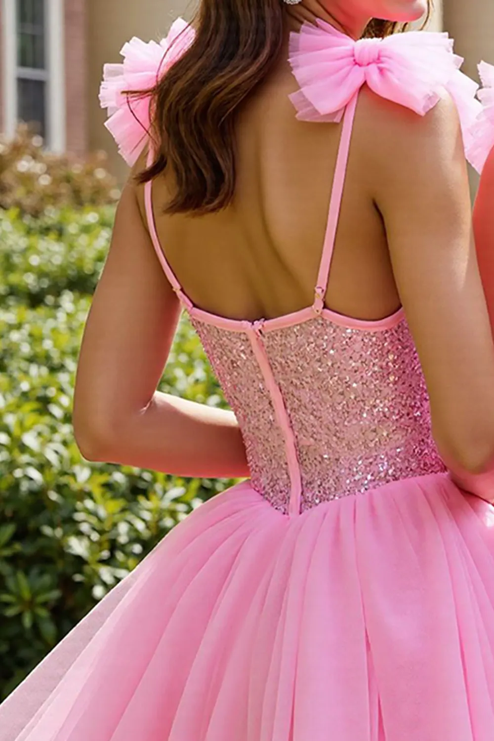Sparkly Pink Sequin Corset Short Homecoming Dress with Bows sold by Zapaka product image thumbnail 5