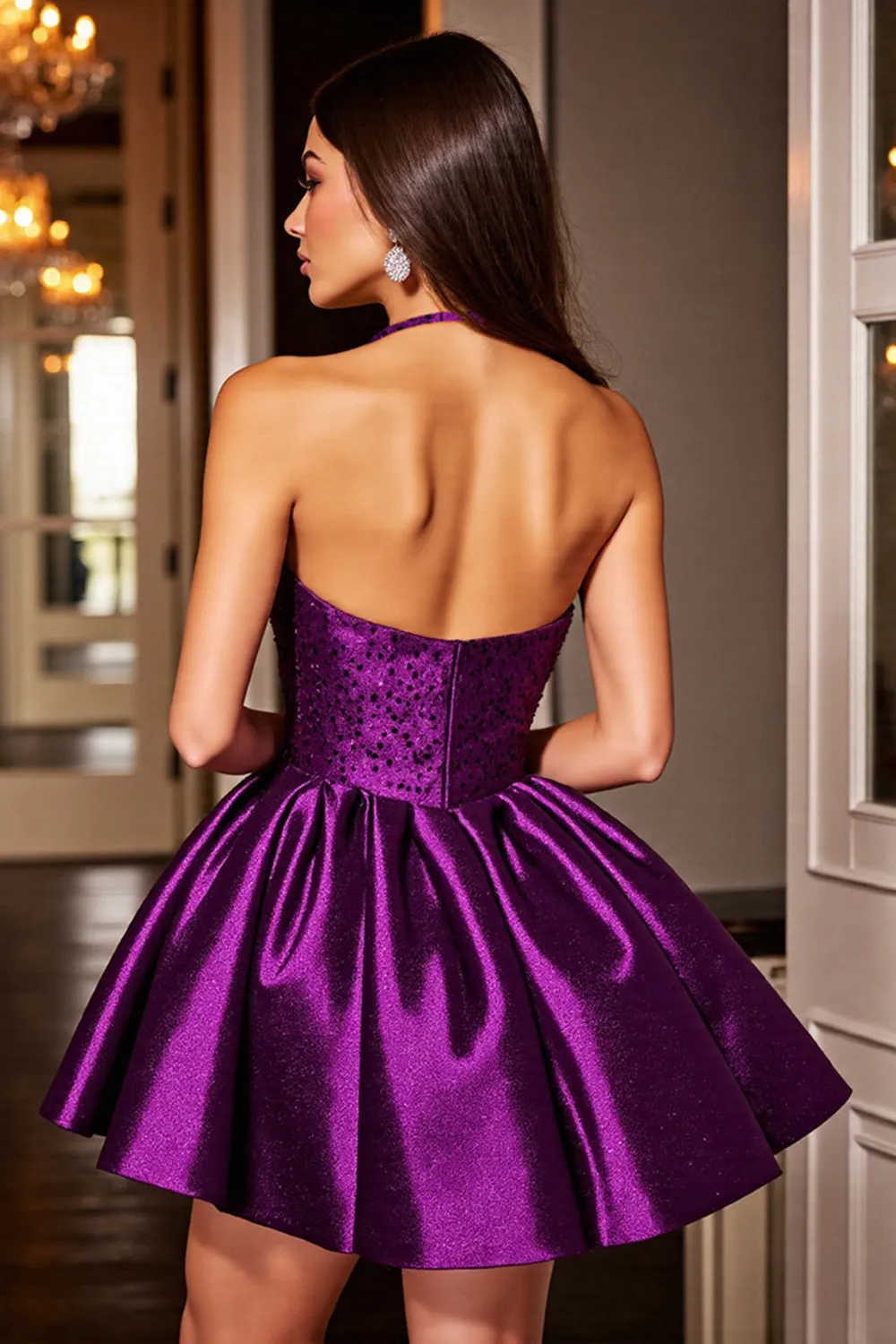 Halter Dark Purple A Line Mini Homecoming Dress With Sequins sold by Zapaka product image thumbnail 2