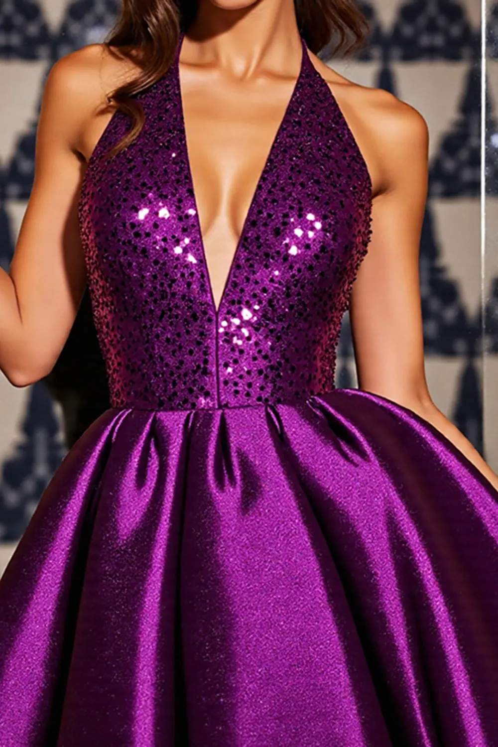 Halter Dark Purple A Line Mini Homecoming Dress With Sequins sold by Zapaka product image thumbnail 3