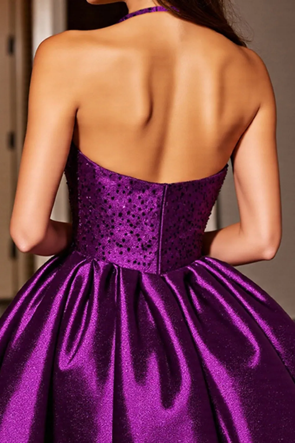 Halter Dark Purple A Line Mini Homecoming Dress With Sequins sold by Zapaka product image thumbnail 4