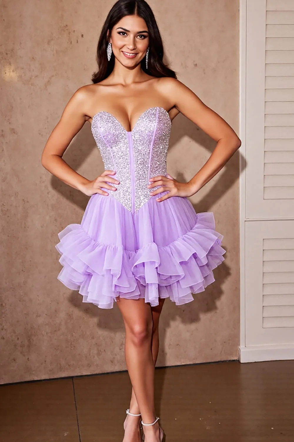 Sparkly Strapless Ruffled Lilac Homecoming Dress with Sequins sold by Zapaka