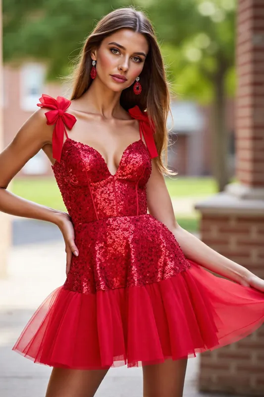 Sparkly Dark Red Corset Short Sequin Homecoming Dress with Bows sold by Zapaka
