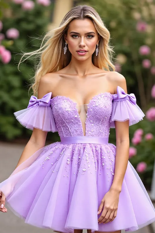 Lavender Tulle Ruffled Short Sleeves Corset Short Homecoming Dress with Appliques sold by Zapaka