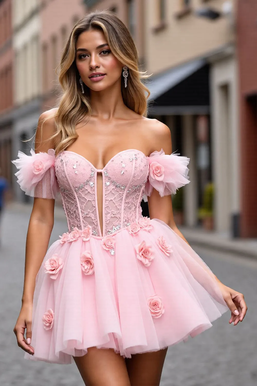 Floral Corset Blush Tulle Short Homecoming Dress with Appliques sold by Zapaka
