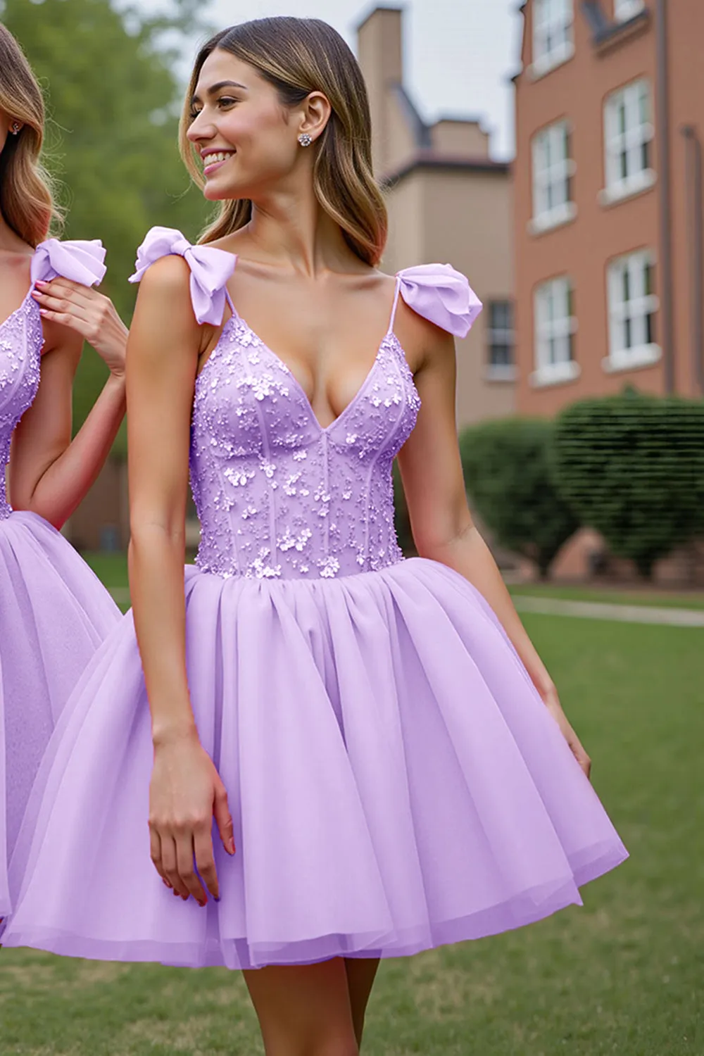 Deep V-Neck Corset Lilac Tulle Short Homecoming Dress with Appliques sold by Zapaka product image thumbnail 2