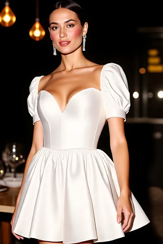 White Puff Sleeve A Line Short Homecoming Dress sold by Zapaka