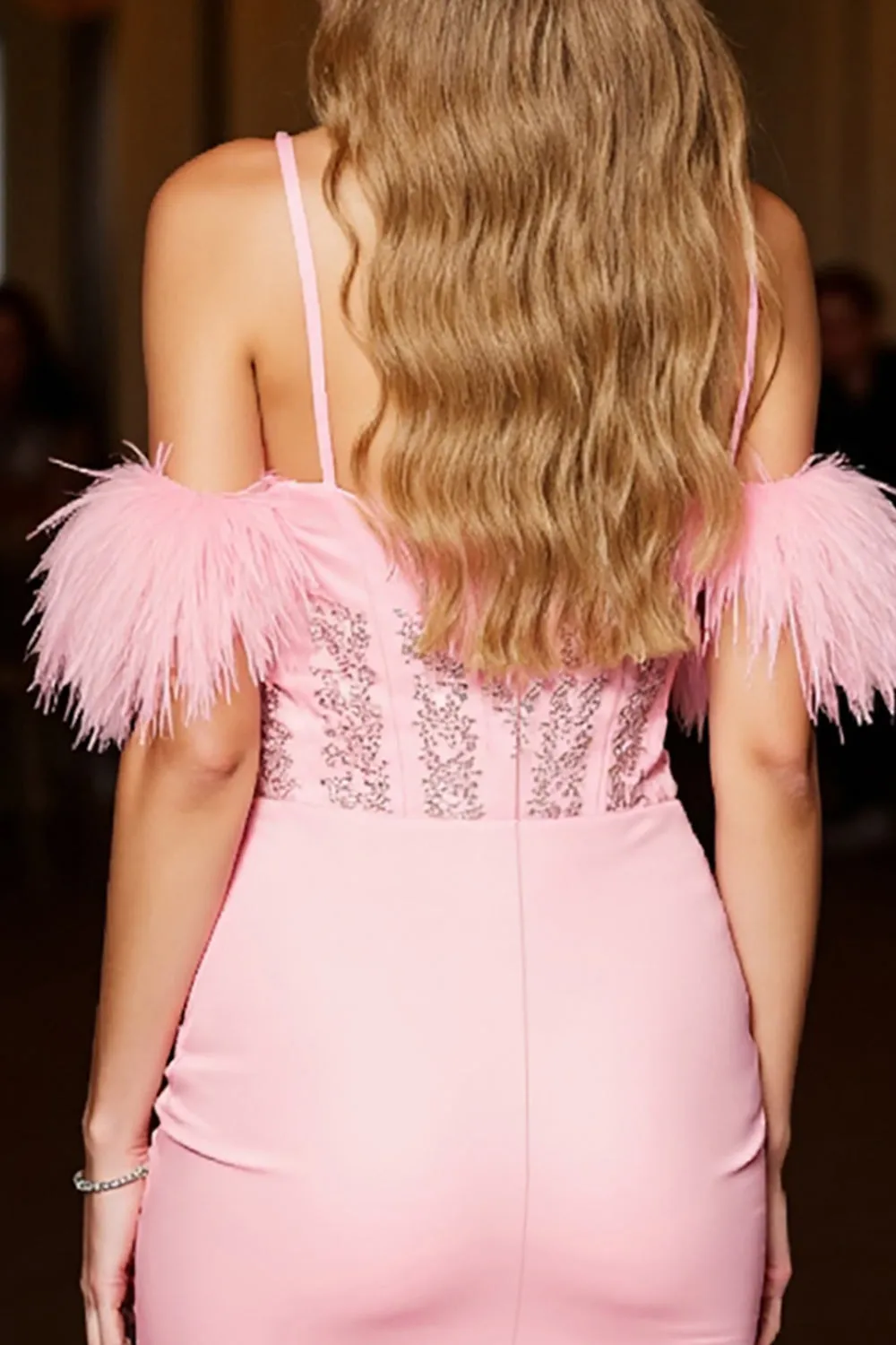 Pink Cold Shoulder Bodycon Homecoming Dress With Feathers sold by Zapaka product image thumbnail 4
