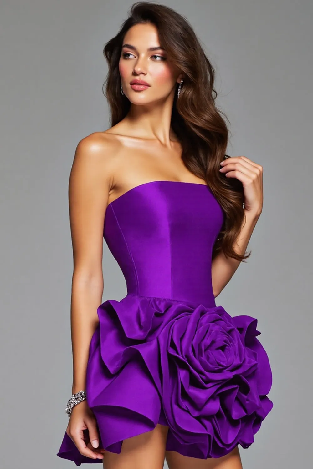 Ruffled Dark Purple Strapless Homecoming Dress with 3D Flowers sold by Zapaka