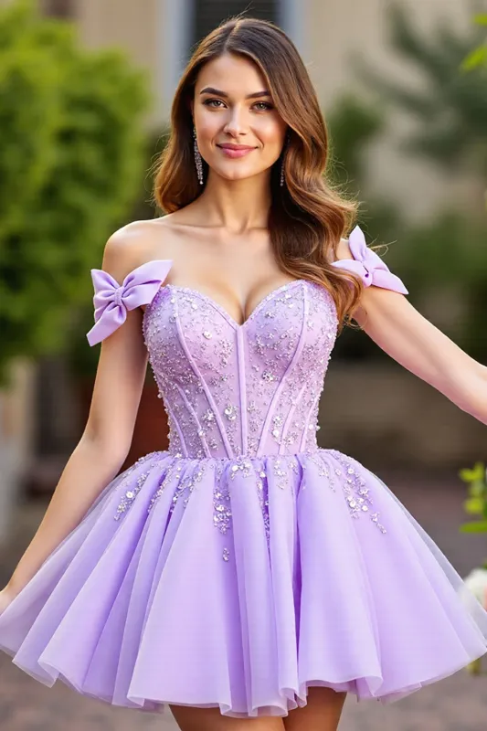 Sparkly Lavender Corset Tulle Short Homecoming Dress with Sequins sold by Zapaka