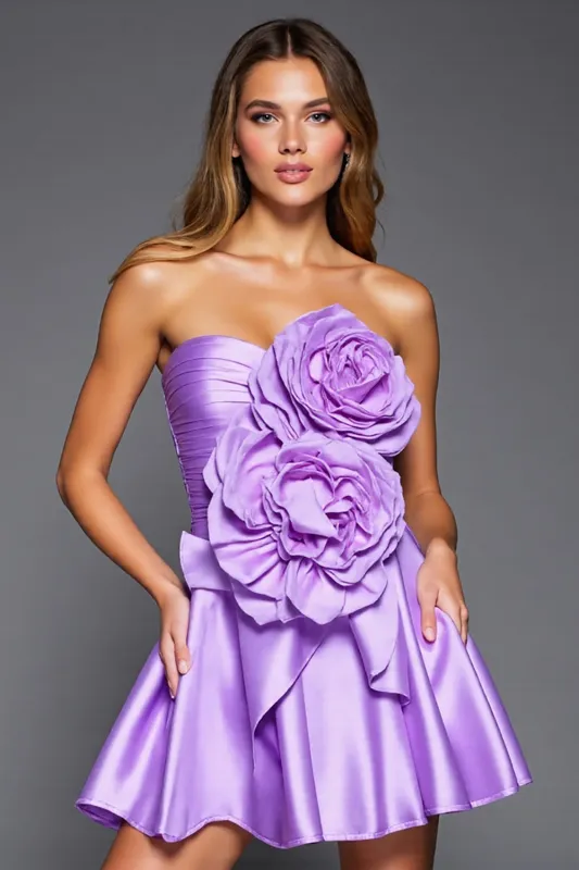 Purple A Line Ruffled Strapless Homecoming Dress With 3D Flowers sold by Zapaka