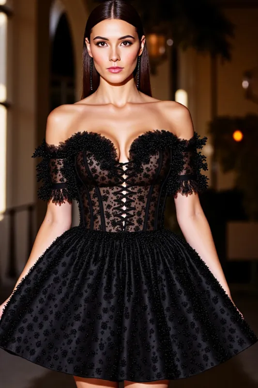 Black Off The Shoulder Beaded A Line Homecoming Dress With Appliques sold by Zapaka