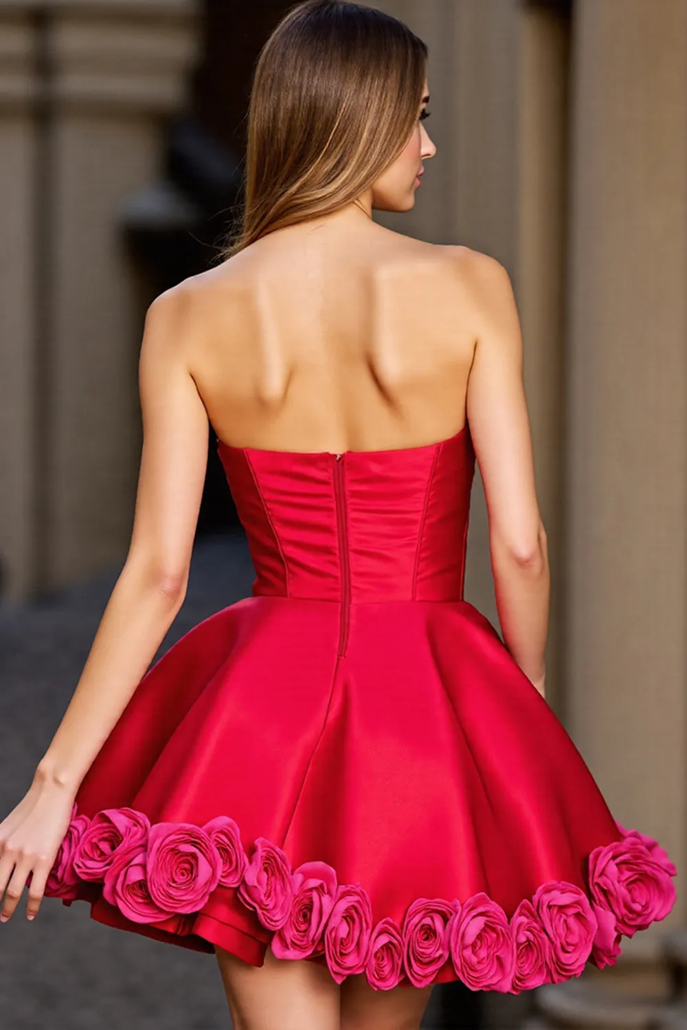 A Line Strapless Short Red Homecoming Dress With 3D Flowers sold by Zapaka product image thumbnail 2