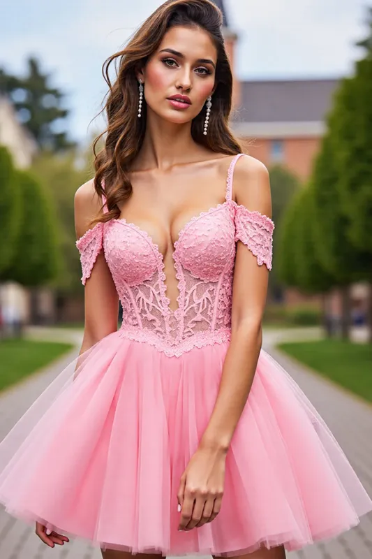 Corset Blush Tulle Cold Shoulder Short Homecoming Dress with Appliques sold by Zapaka