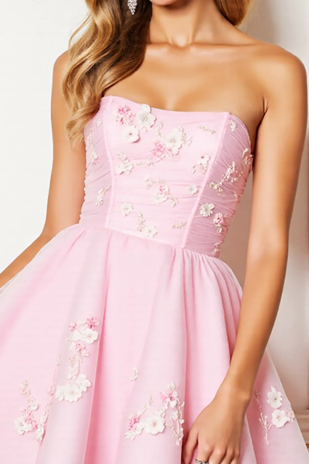 A Line Pink Strapless Mini Homecoming Dress With 3D Flowers sold by Zapaka product image thumbnail 3