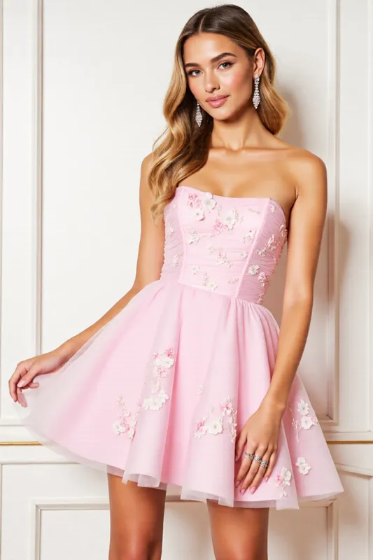 A Line Pink Strapless Mini Homecoming Dress With 3D Flowers sold by Zapaka