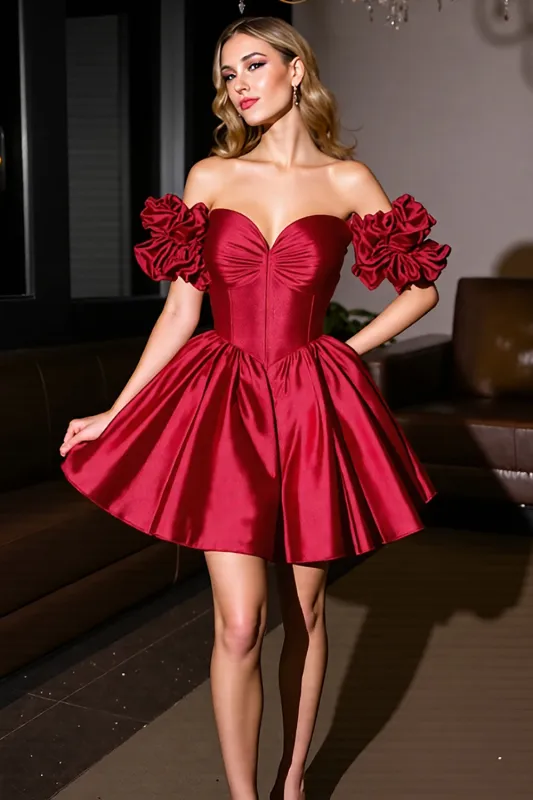 Burgundy Off The Shoulder Ruched A Line Homecoming Dress sold by Zapaka