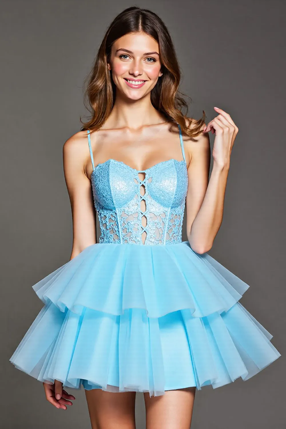 Tiered Sky Blue Corset Tulle Short Homecoming Dress with Appliques sold by Zapaka