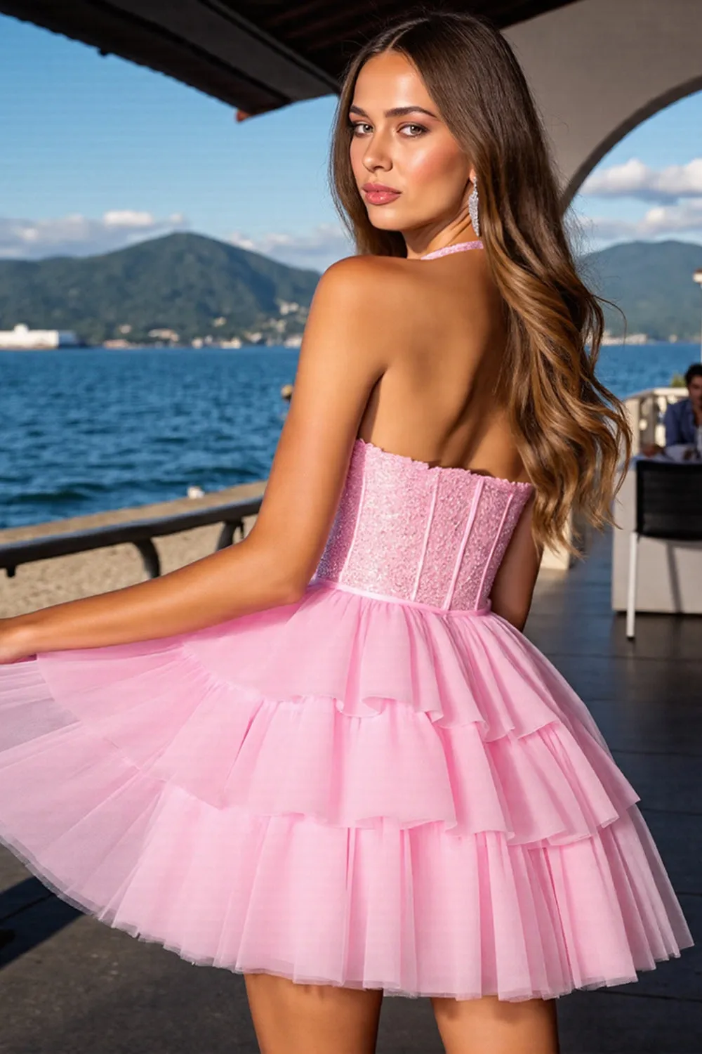 Halter Tiered A Line Homecoming Dress With Sequins sold by Zapaka product image thumbnail 2