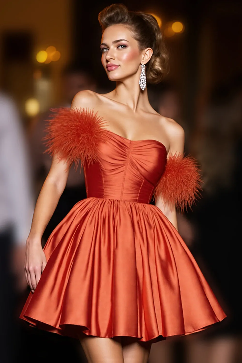 Orange Off The Shoulder Ruched A Line Homecoming Dress sold by Zapaka