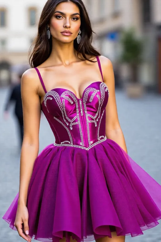 Dark Purple Beaded Spaghetti Straps Mini Homecoming Dress sold by Zapaka