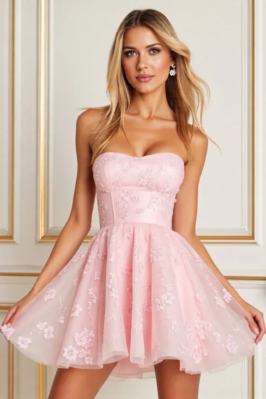 A Line Appliqued Strapless Pink Homecoming Dress sold by Zapaka