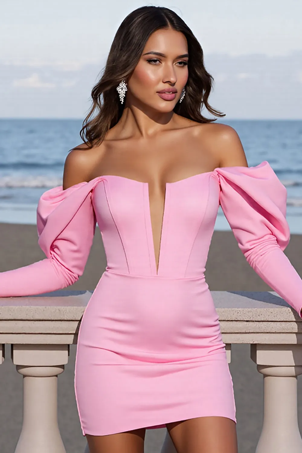 Pink Off The Shoulder Long Sleeve Bodycon Homecoming Dress sold by Zapaka