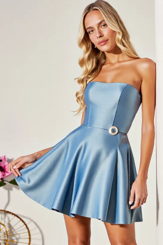 Blue Strapless Satin A Line Homecoming Dress With One Button sold by Zapaka