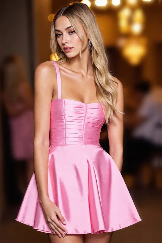 Pink Satin Spaghetti Straps A Line Homecoming Dress sold by Zapaka