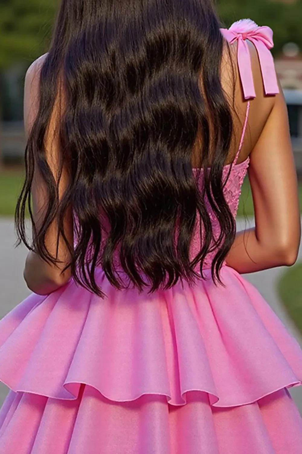 Ruffled Pink Corset Tiered Short Homecoming Dress with Bows sold by Zapaka product image thumbnail 4