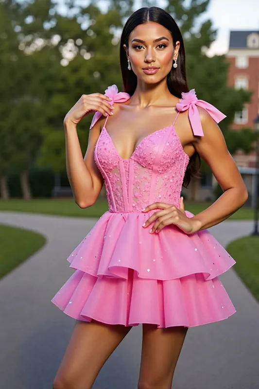 Ruffled Pink Corset Tiered Short Homecoming Dress with Bows sold by Zapaka