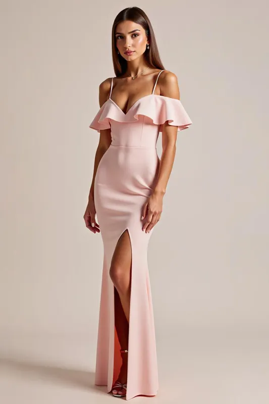 Sheath/Column Long Pink Formal Dress With Ruffles sold by Zapaka