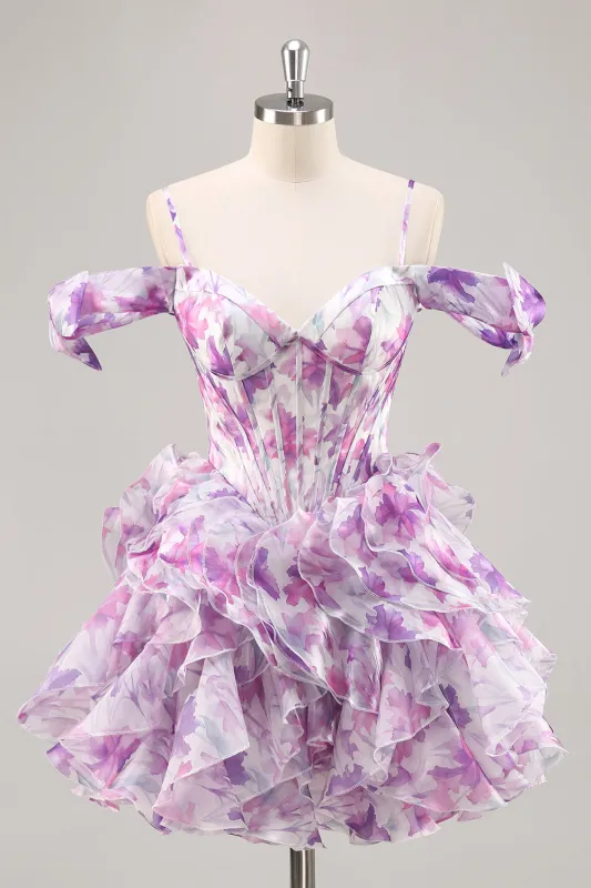 Purple Cold Shoulder A Line Printed Corset Short Homecoming Dress With Ruffles sold by Zapaka