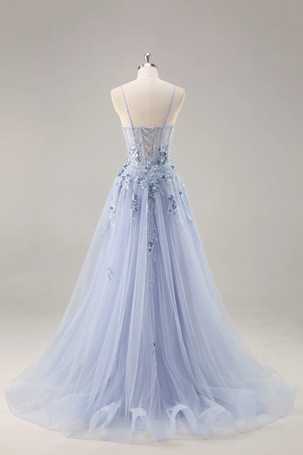 Blue Strapless A Line Sequins Tulle Corset Long Prom Dress With Slit sold by Zapaka product image thumbnail 5