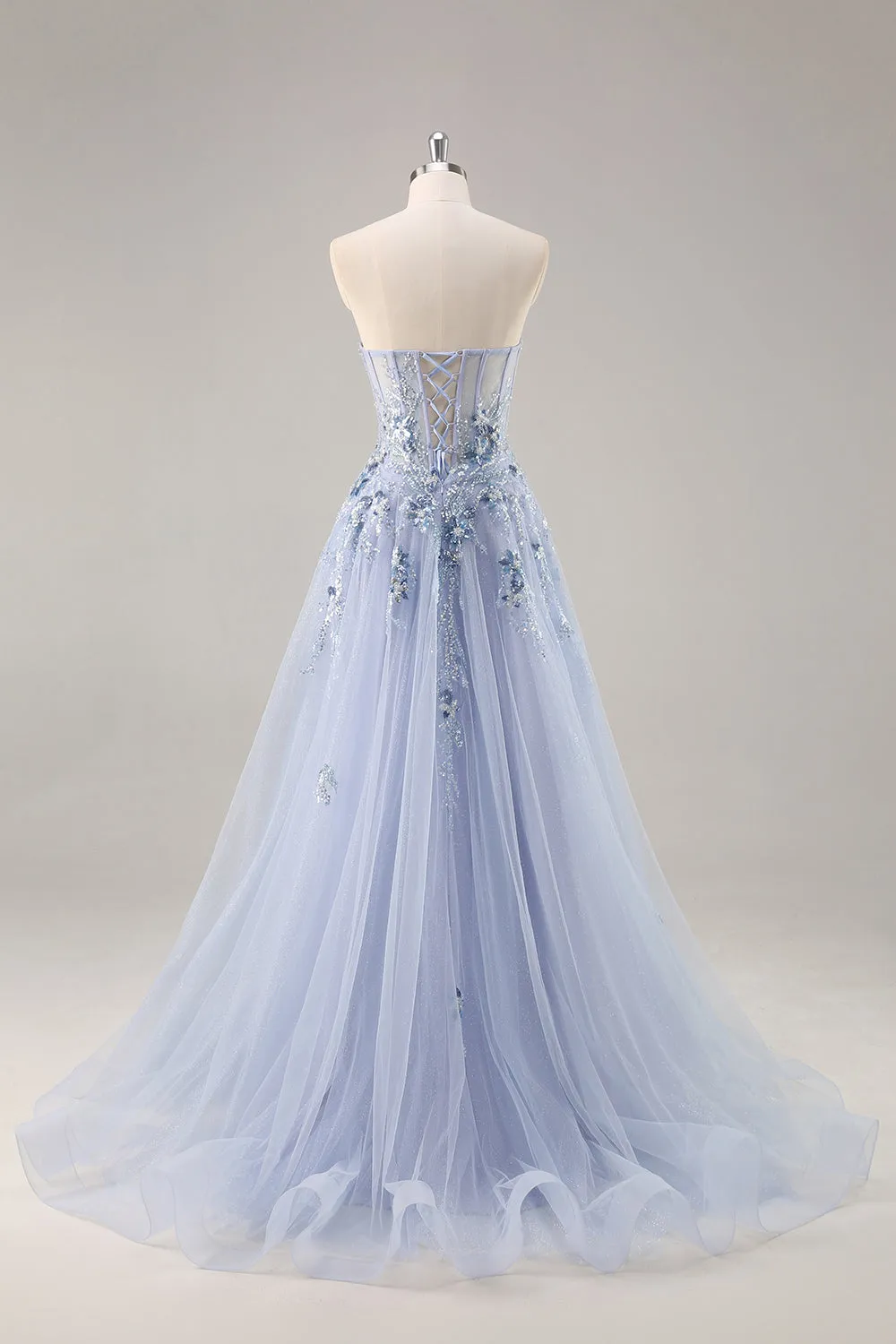 Blue Strapless A Line Sequins Tulle Corset Long Prom Dress With Slit sold by Zapaka product image thumbnail 2