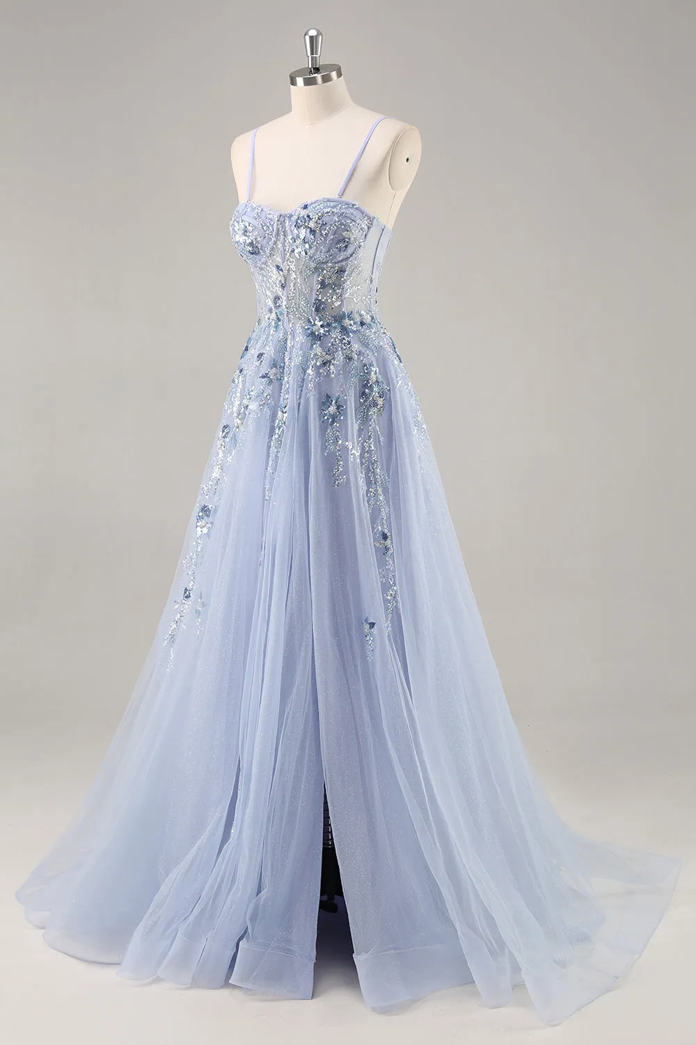 Blue Strapless A Line Sequins Tulle Corset Long Prom Dress With Slit sold by Zapaka product image thumbnail 4