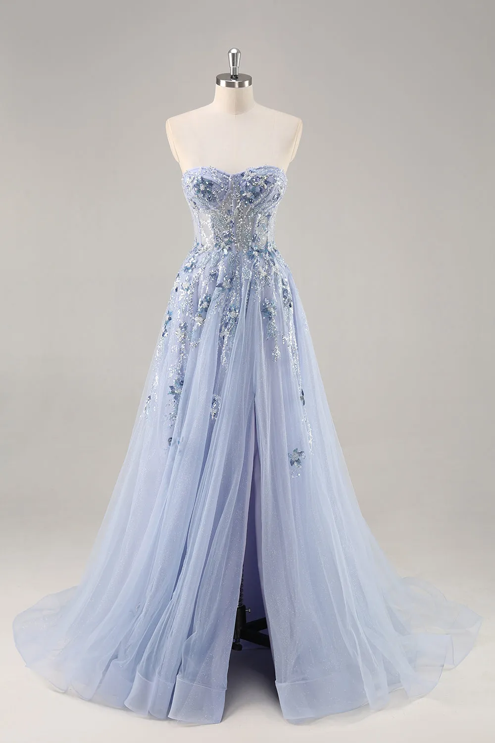 Blue Strapless A Line Sequins Tulle Corset Long Prom Dress With Slit sold by Zapaka
